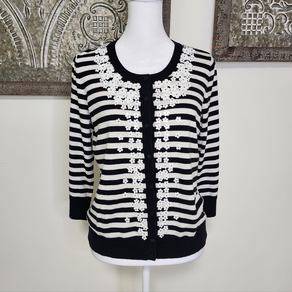 Talbots Black & White Striped Floral Appliqué Button-up Cardigan Sweater Medium